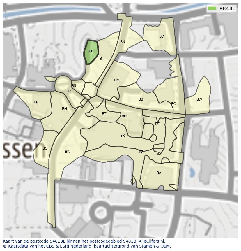 Afbeelding van het postcodegebied 9401 BL op de kaart.