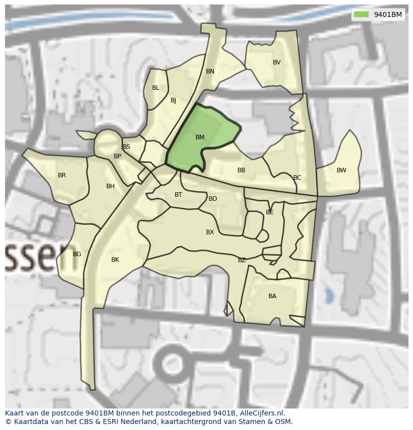 Afbeelding van het postcodegebied 9401 BM op de kaart.