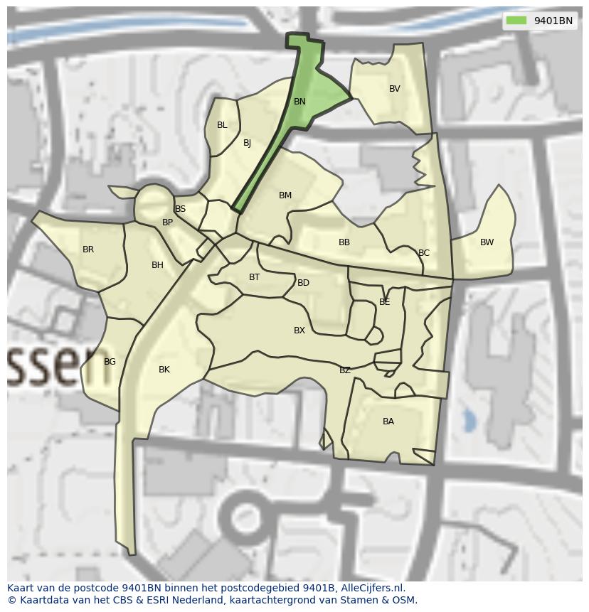 Afbeelding van het postcodegebied 9401 BN op de kaart.