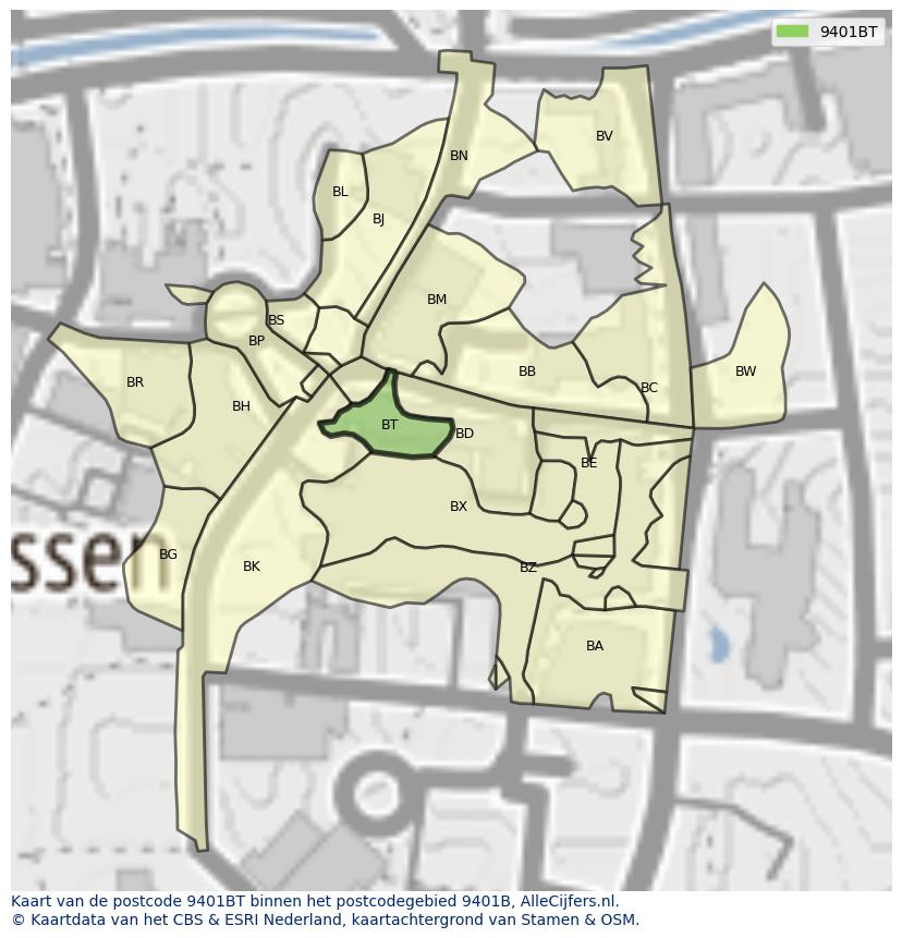 Afbeelding van het postcodegebied 9401 BT op de kaart.
