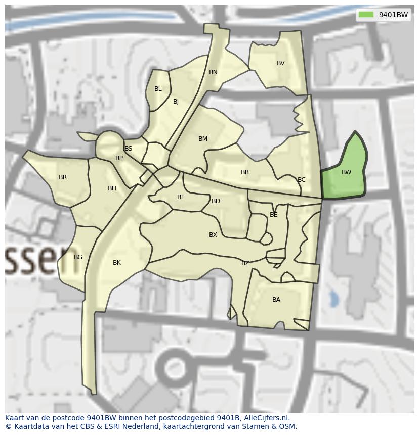Afbeelding van het postcodegebied 9401 BW op de kaart.