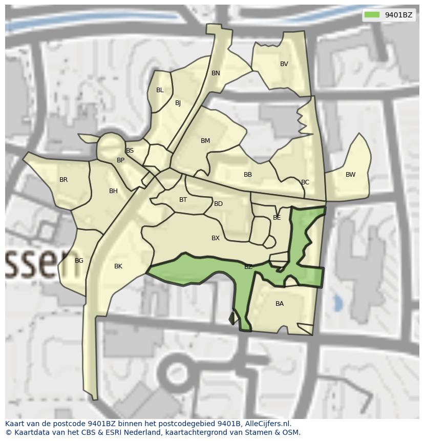 Afbeelding van het postcodegebied 9401 BZ op de kaart.