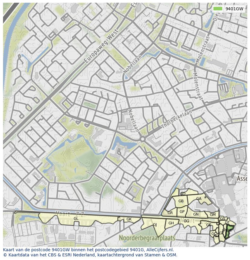 Afbeelding van het postcodegebied 9401 GW op de kaart.