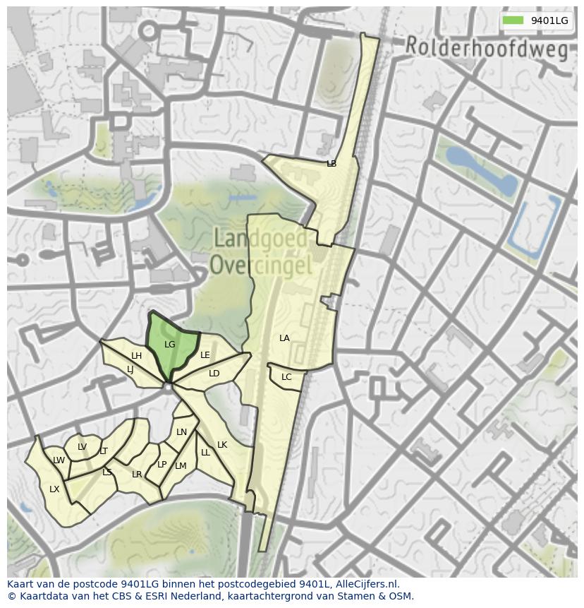 Afbeelding van het postcodegebied 9401 LG op de kaart.