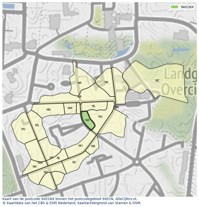 Afbeelding van het postcodegebied 9401 NX op de kaart.