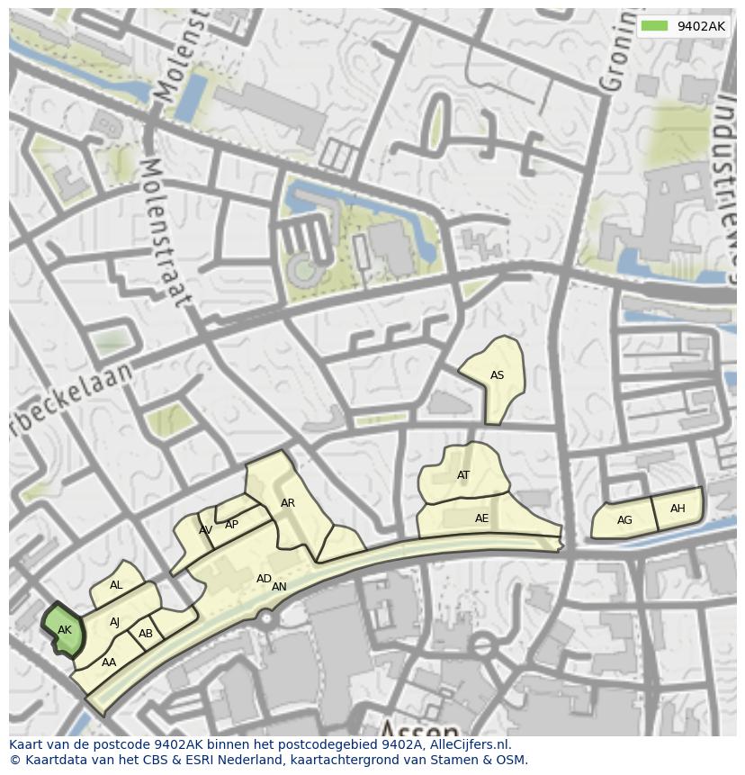 Afbeelding van het postcodegebied 9402 AK op de kaart.