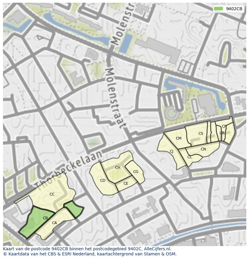 Afbeelding van het postcodegebied 9402 CB op de kaart.
