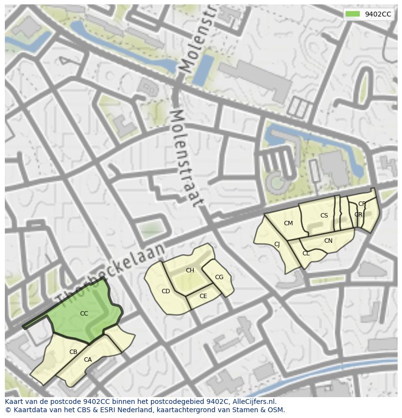 Afbeelding van het postcodegebied 9402 CC op de kaart.