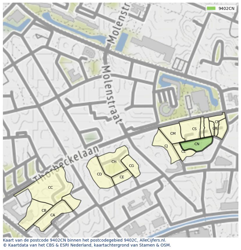 Afbeelding van het postcodegebied 9402 CN op de kaart.