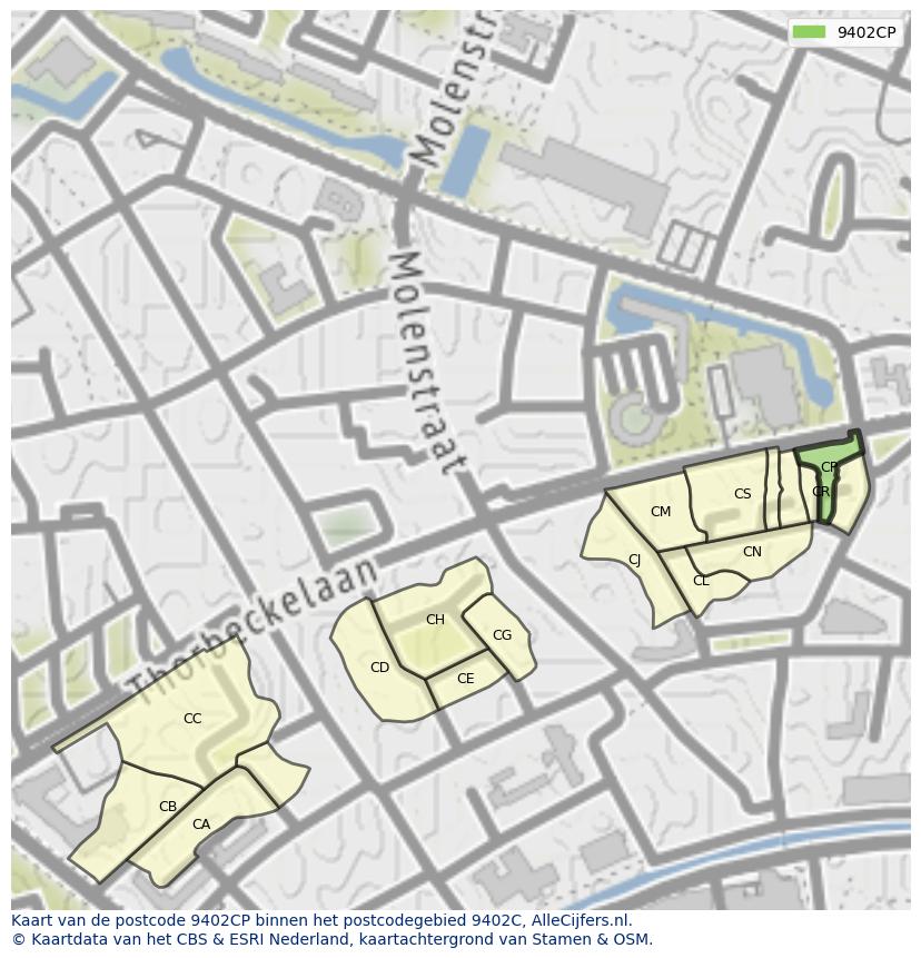 Afbeelding van het postcodegebied 9402 CP op de kaart.