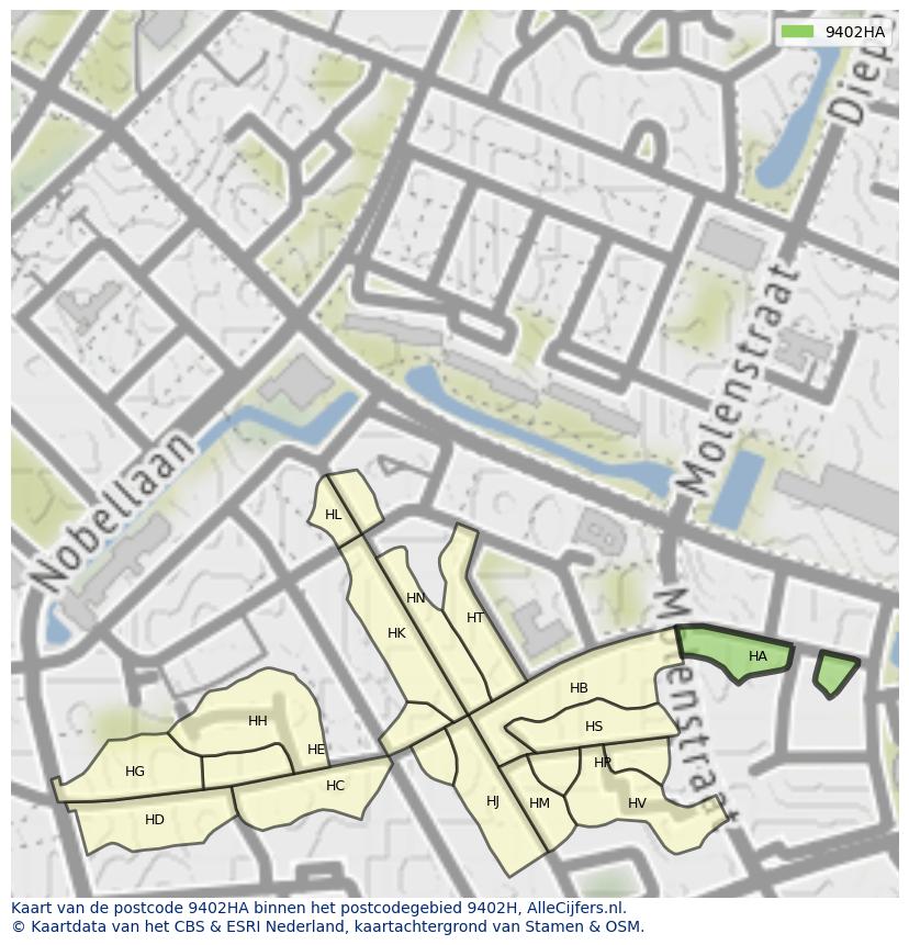 Afbeelding van het postcodegebied 9402 HA op de kaart.