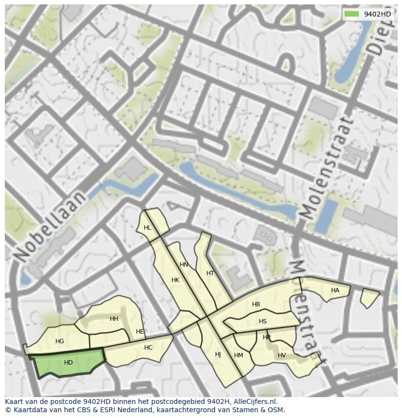 Afbeelding van het postcodegebied 9402 HD op de kaart.