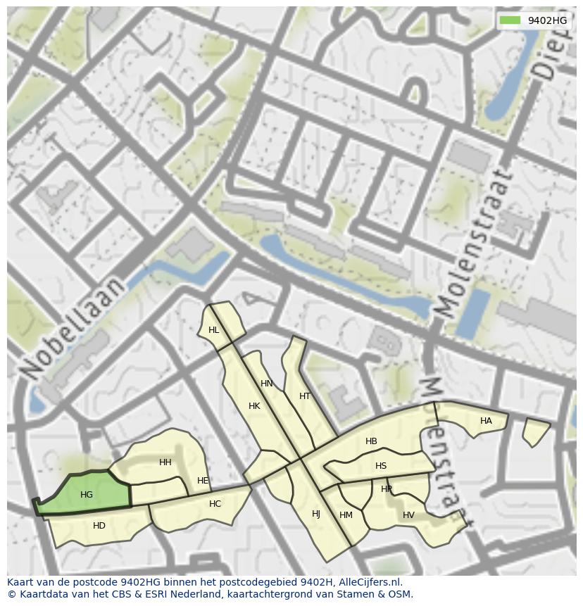 Afbeelding van het postcodegebied 9402 HG op de kaart.