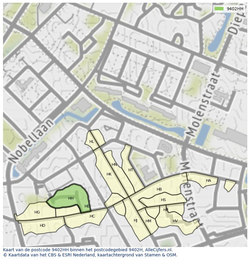 Afbeelding van het postcodegebied 9402 HH op de kaart.