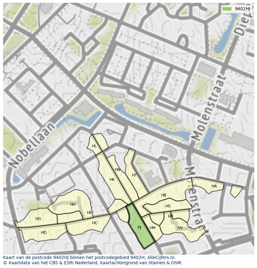 Afbeelding van het postcodegebied 9402 HJ op de kaart.