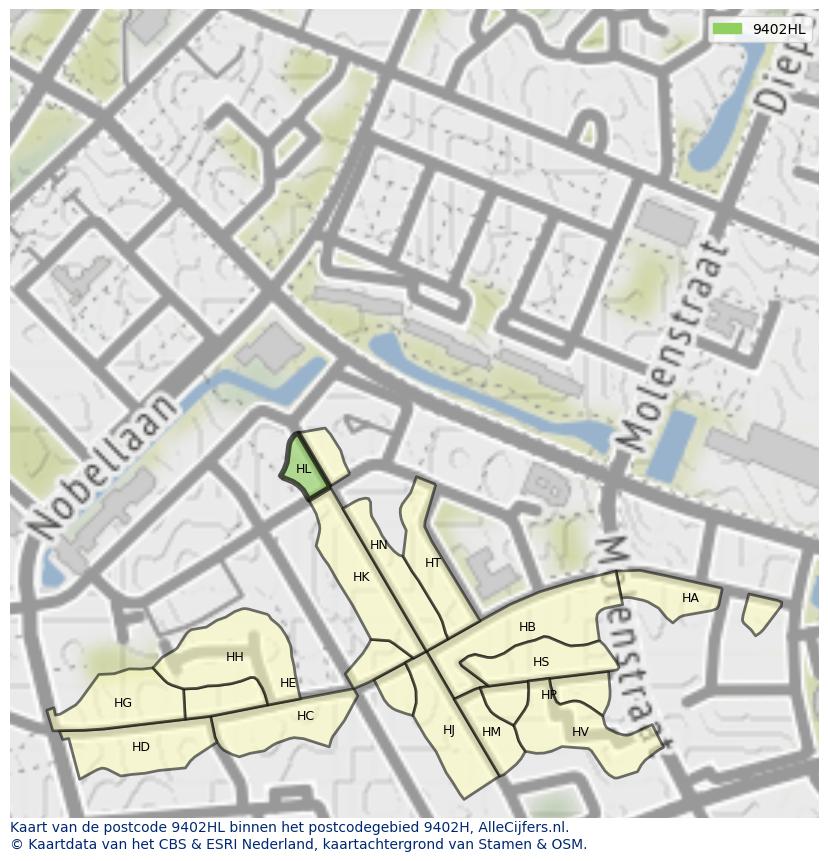 Afbeelding van het postcodegebied 9402 HL op de kaart.