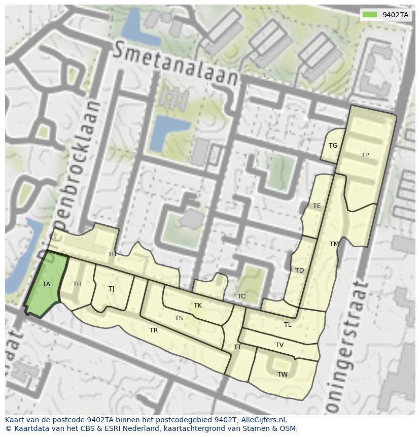 Afbeelding van het postcodegebied 9402 TA op de kaart.