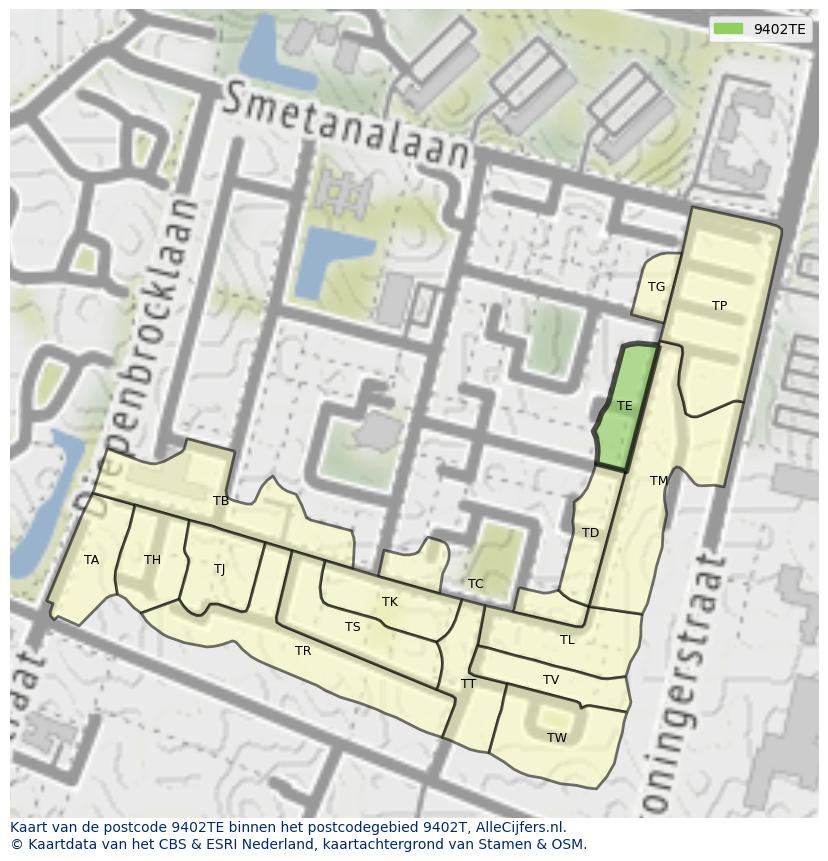 Afbeelding van het postcodegebied 9402 TE op de kaart.
