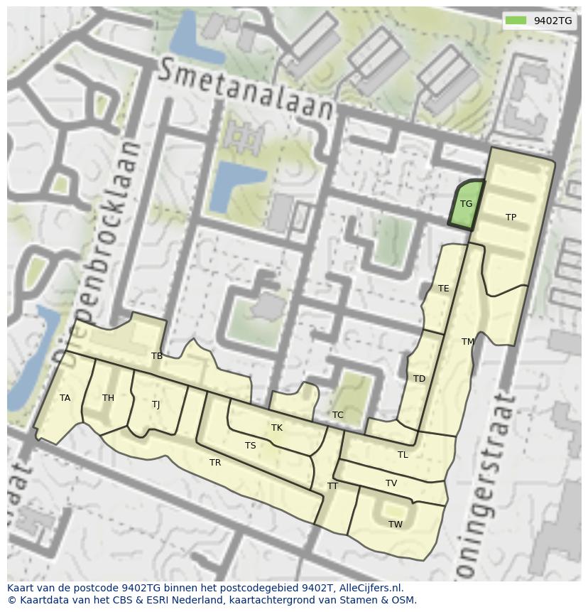 Afbeelding van het postcodegebied 9402 TG op de kaart.