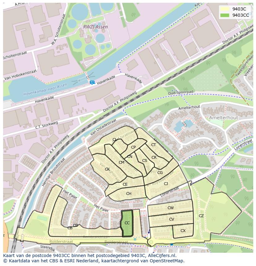 Afbeelding van het postcodegebied 9403 CC op de kaart.