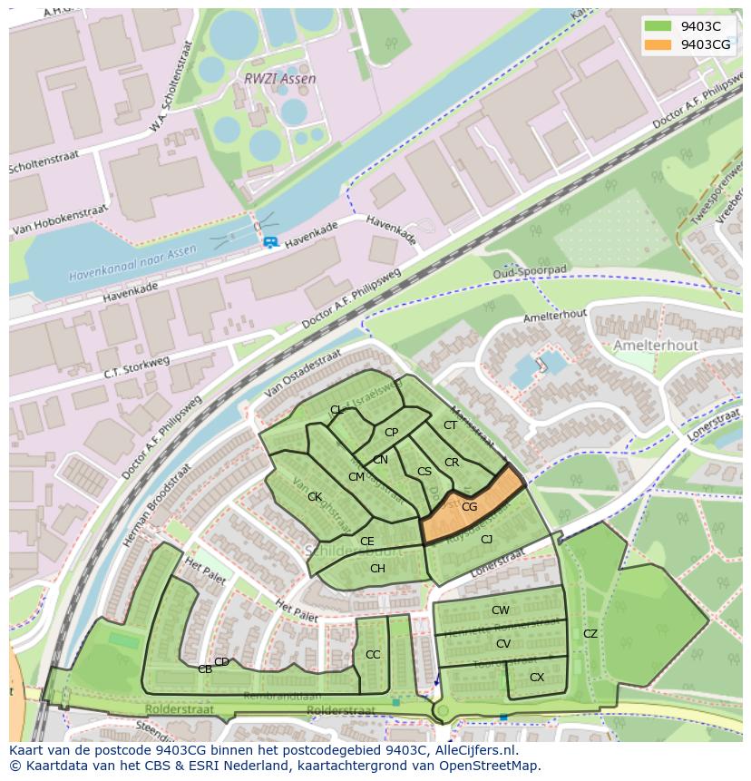 Afbeelding van het postcodegebied 9403 CG op de kaart.