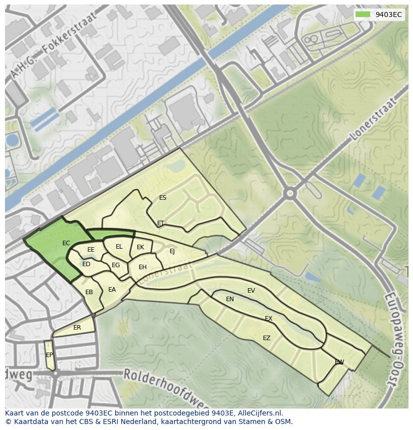 Afbeelding van het postcodegebied 9403 EC op de kaart.