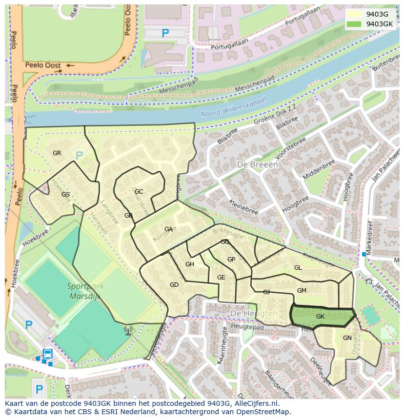 Afbeelding van het postcodegebied 9403 GK op de kaart.