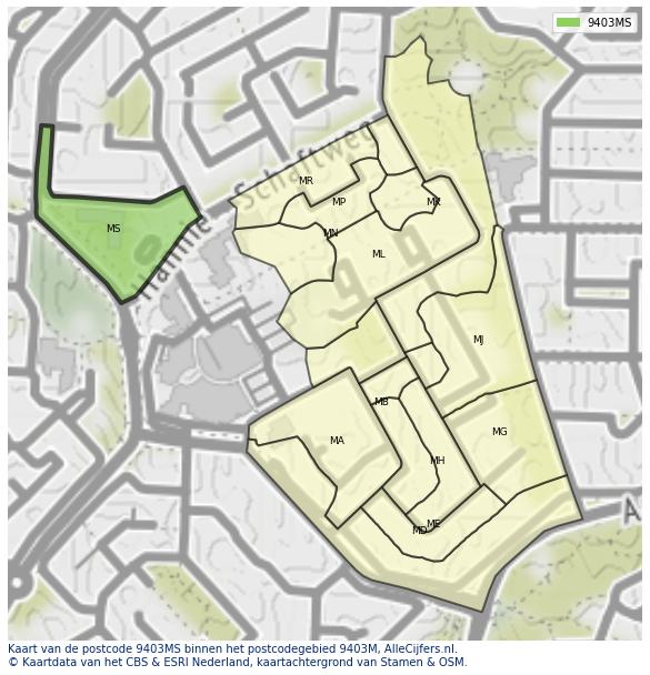 Afbeelding van het postcodegebied 9403 MS op de kaart.
