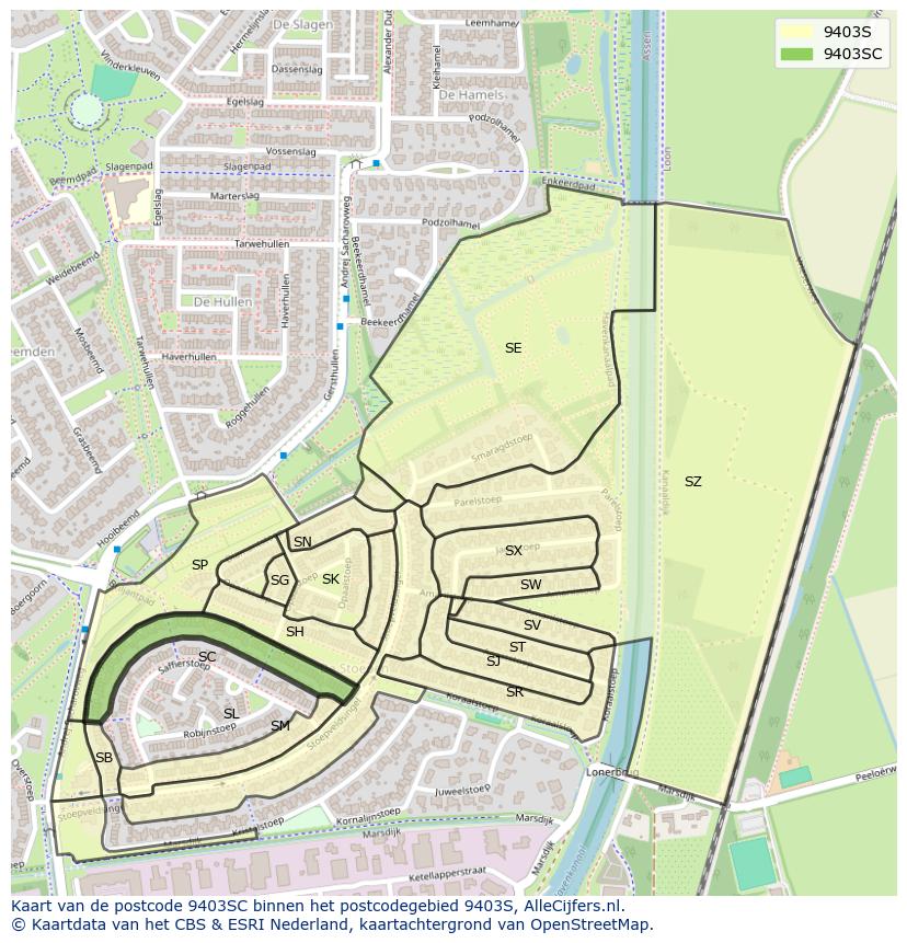 Afbeelding van het postcodegebied 9403 SC op de kaart.