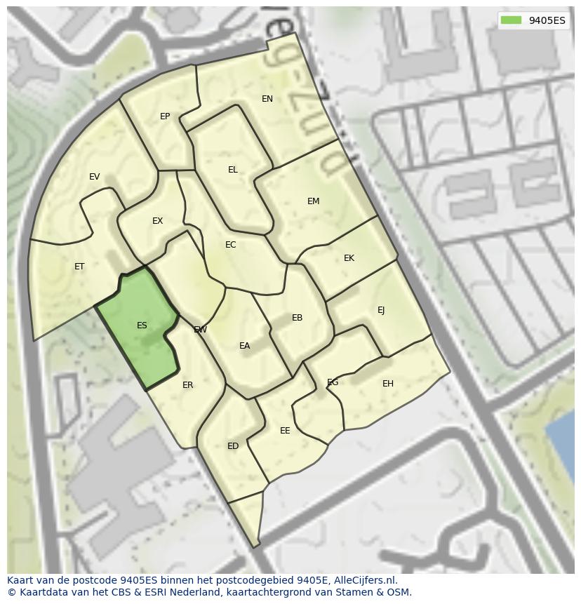 Afbeelding van het postcodegebied 9405 ES op de kaart.
