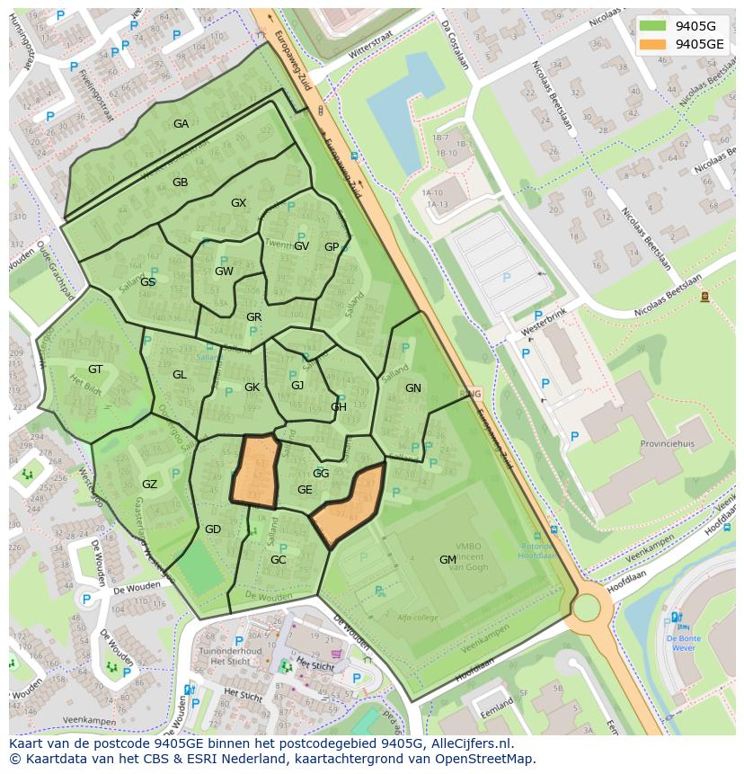 Afbeelding van het postcodegebied 9405 GE op de kaart.