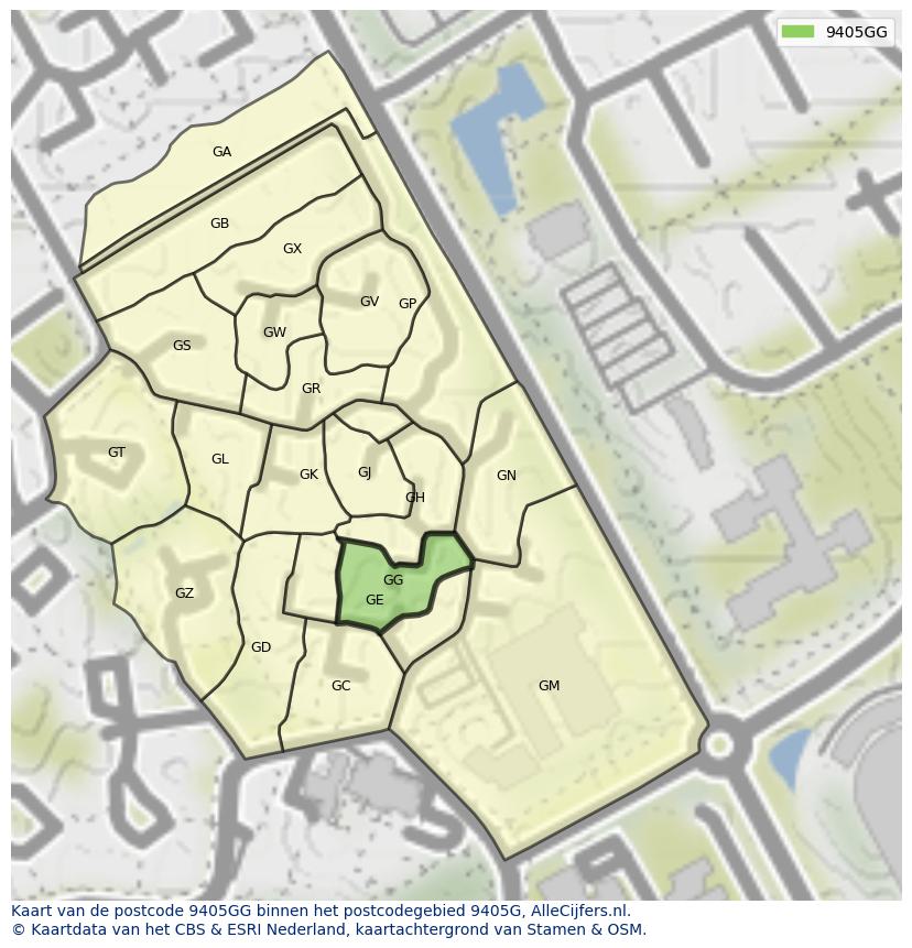 Afbeelding van het postcodegebied 9405 GG op de kaart.