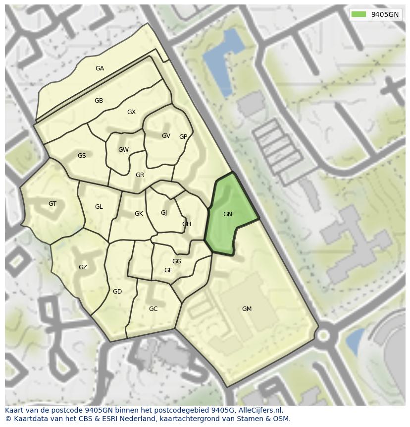 Afbeelding van het postcodegebied 9405 GN op de kaart.