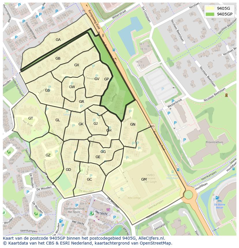Afbeelding van het postcodegebied 9405 GP op de kaart.