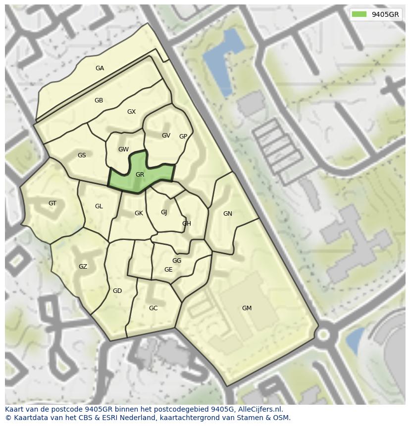 Afbeelding van het postcodegebied 9405 GR op de kaart.