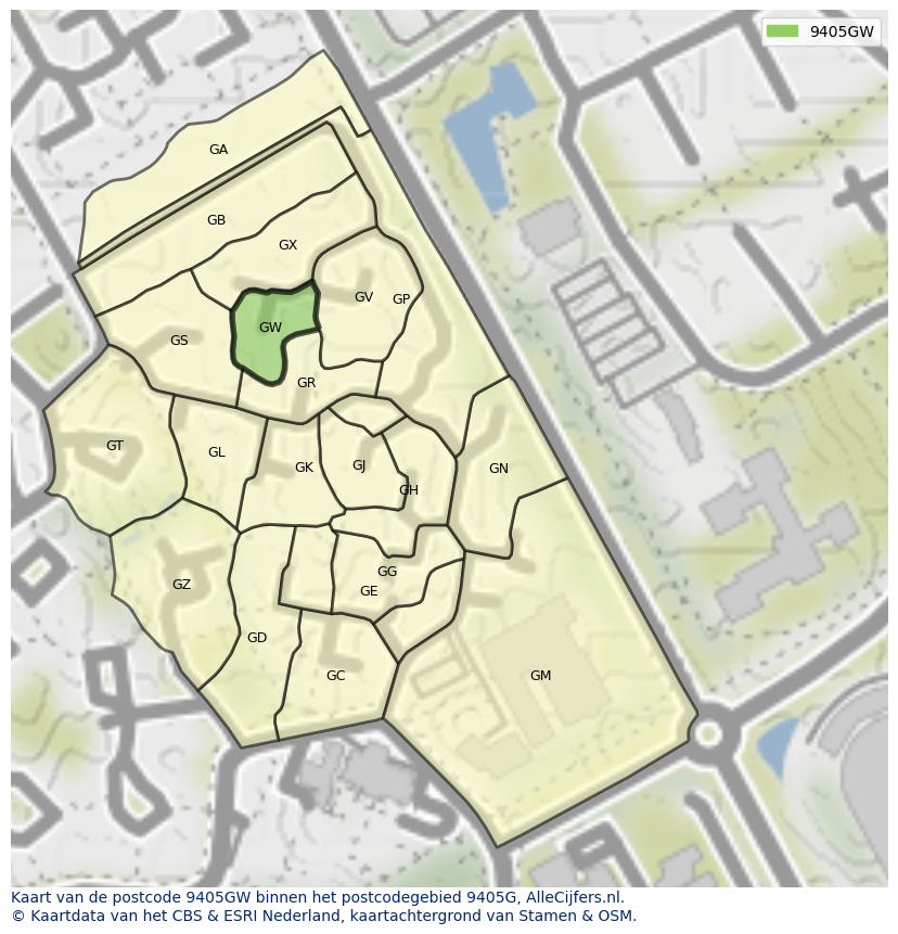 Afbeelding van het postcodegebied 9405 GW op de kaart.