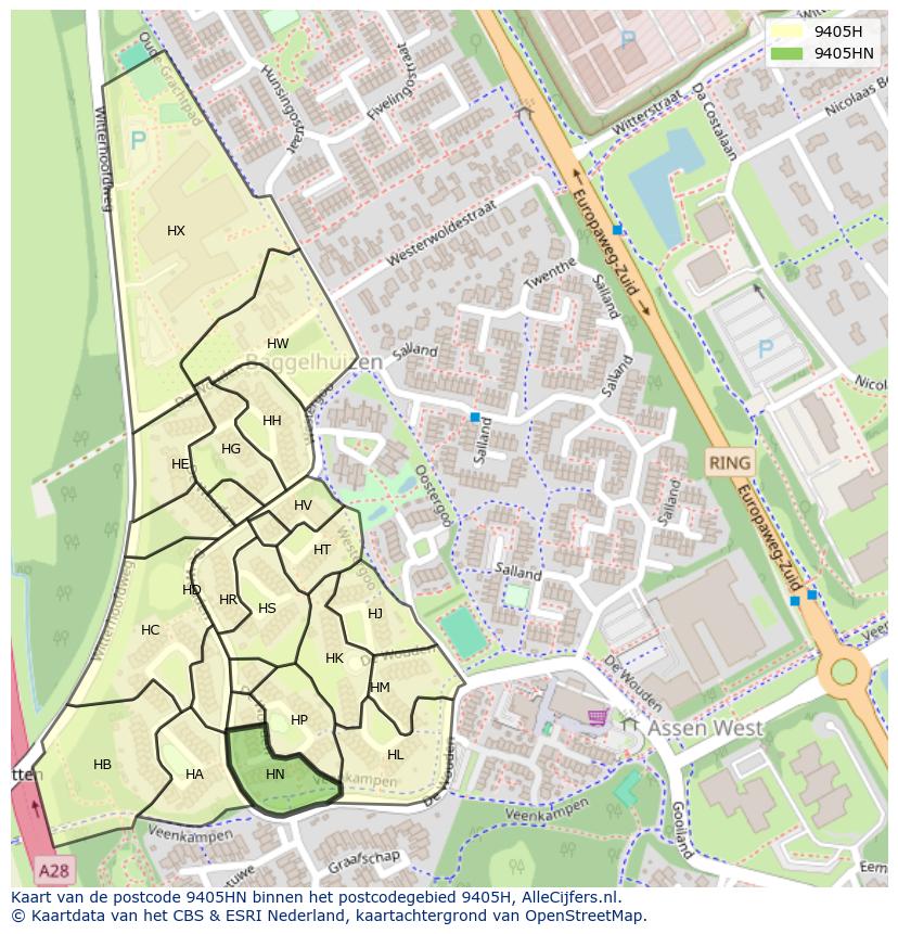 Afbeelding van het postcodegebied 9405 HN op de kaart.