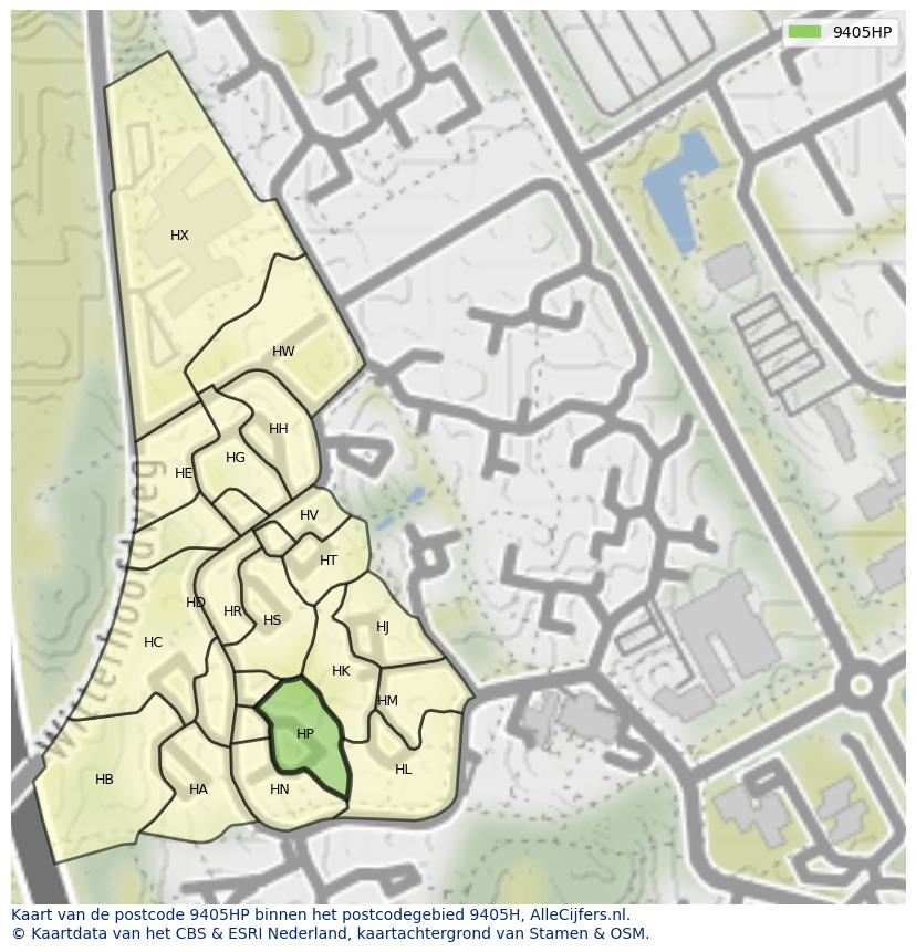 Afbeelding van het postcodegebied 9405 HP op de kaart.