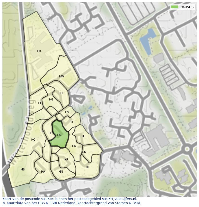 Afbeelding van het postcodegebied 9405 HS op de kaart.