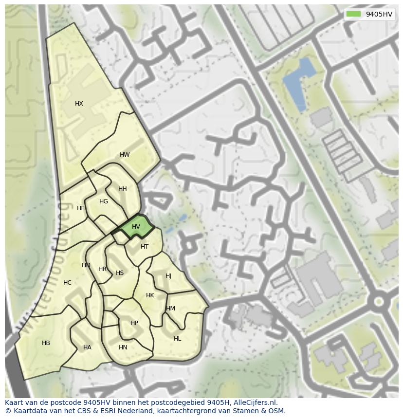 Afbeelding van het postcodegebied 9405 HV op de kaart.