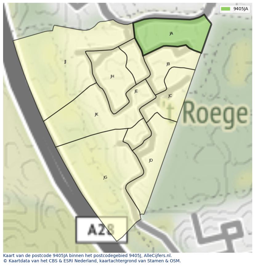 Afbeelding van het postcodegebied 9405 JA op de kaart.