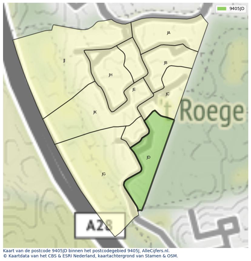 Afbeelding van het postcodegebied 9405 JD op de kaart.