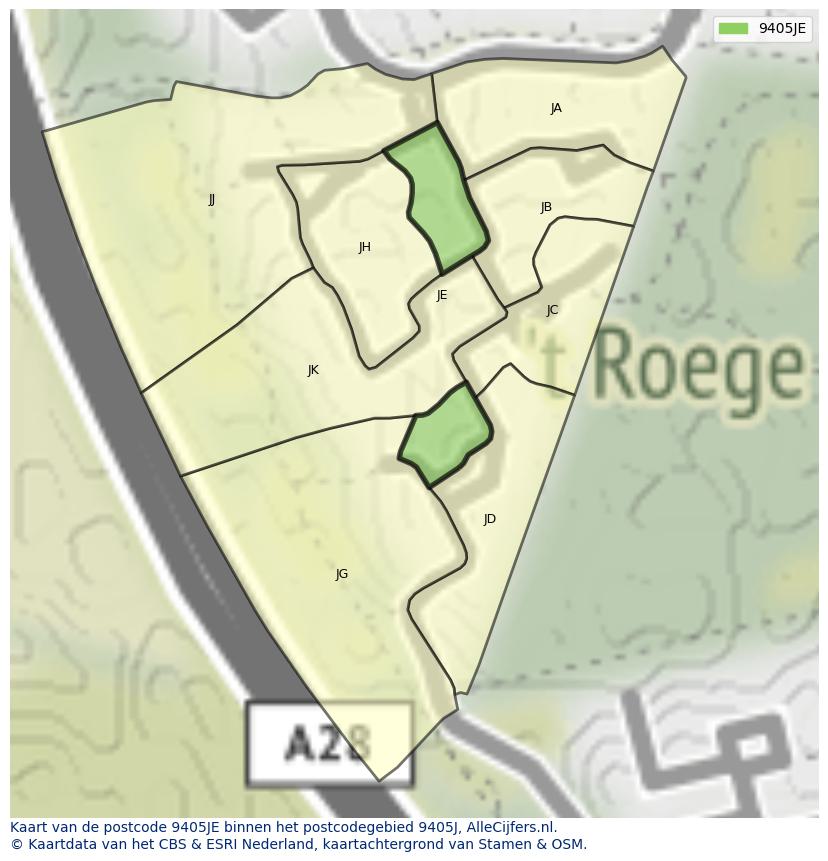 Afbeelding van het postcodegebied 9405 JE op de kaart.