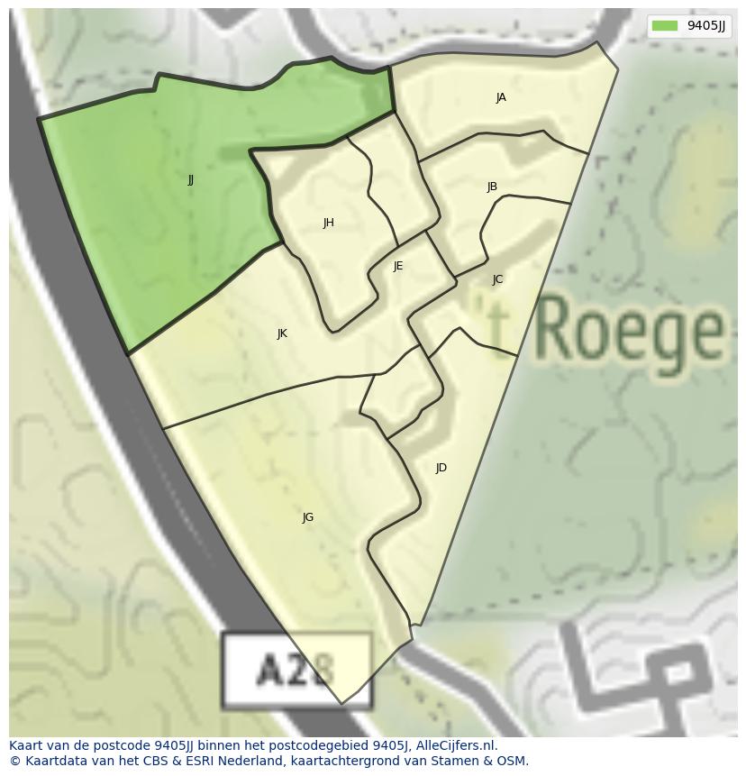 Afbeelding van het postcodegebied 9405 JJ op de kaart.