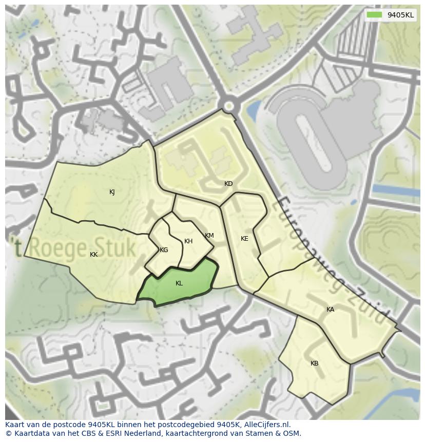 Afbeelding van het postcodegebied 9405 KL op de kaart.