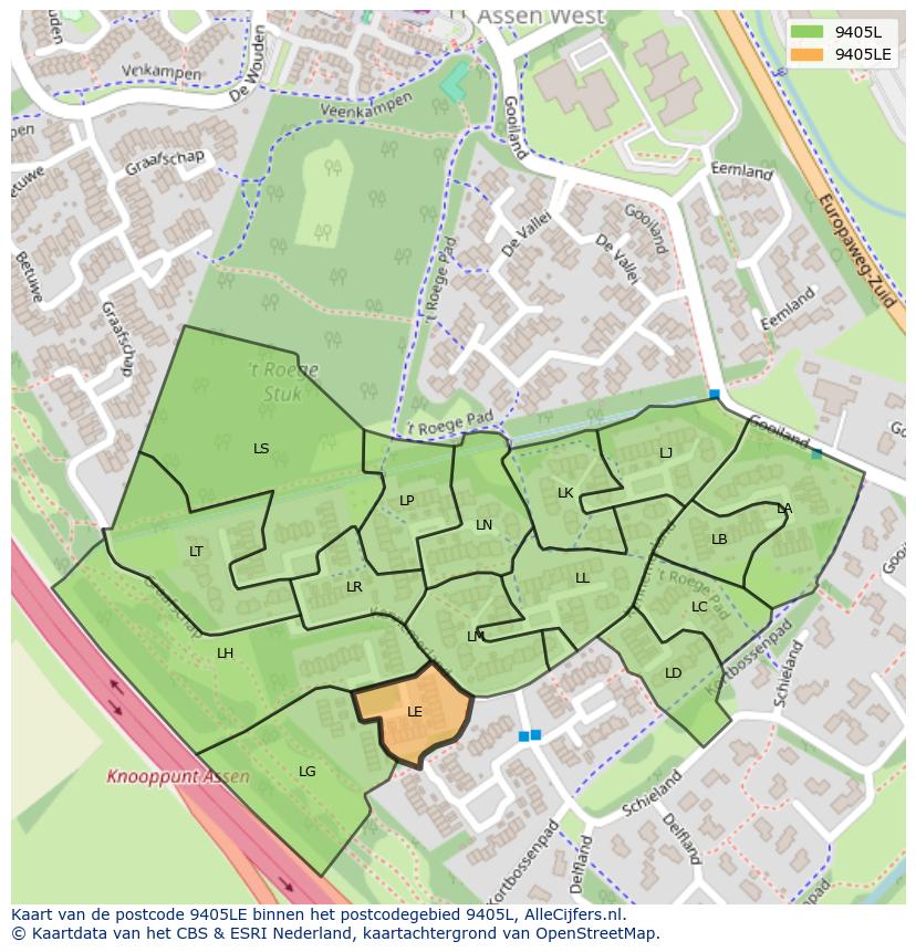 Afbeelding van het postcodegebied 9405 LE op de kaart.