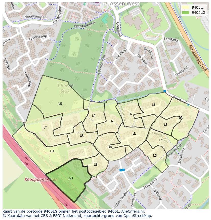 Afbeelding van het postcodegebied 9405 LG op de kaart.