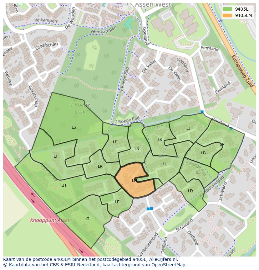 Afbeelding van het postcodegebied 9405 LM op de kaart.
