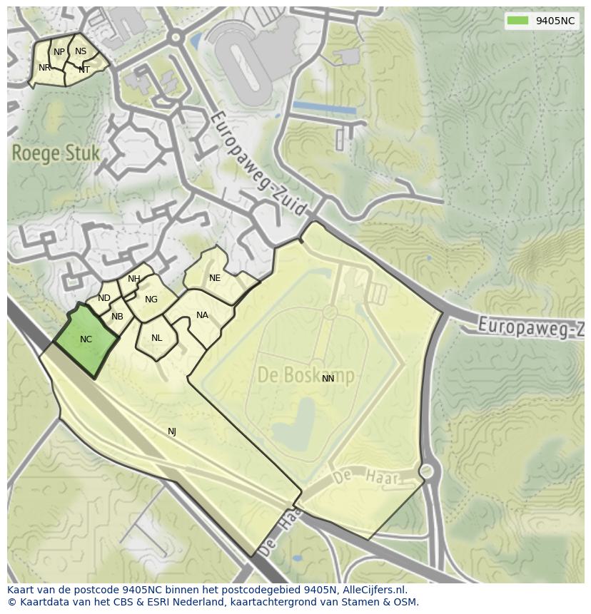 Afbeelding van het postcodegebied 9405 NC op de kaart.