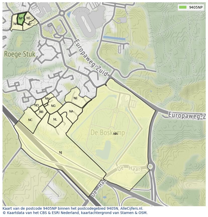 Afbeelding van het postcodegebied 9405 NP op de kaart.